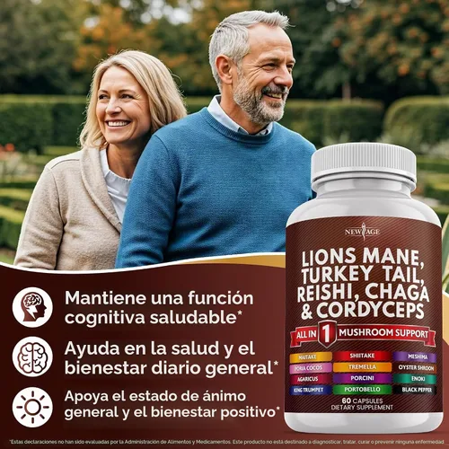 Vista 4 de NEW AGE Lions Mane 3000mg Suplemento de hongo 20 en 1 con cola de pavo 2000 mg Reishi 1000 mg Cordyceps Chaga 1000 mg con raíz de malvavisco 60