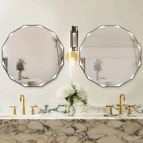 Vista 5 de QDSSDECO Espejo de pared sin marco con borde biselado de 24 x 24 pulgadas, forma irregular, espejo de tocador único, espejo de pared sin marco