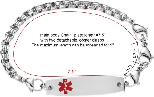 Vista 3 de Pulseras médicas ajustables de 7.5"-9" para mujereshombres pulseras médicas intercambiables de acero inoxidable