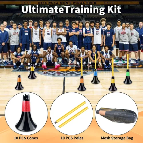 Vista 5 de Conos de obstáculos para baloncesto, fútbol y entrenamiento deportivo, 10 conos y 10 bastones con bolsa de transporte, conos de baloncesto y postes