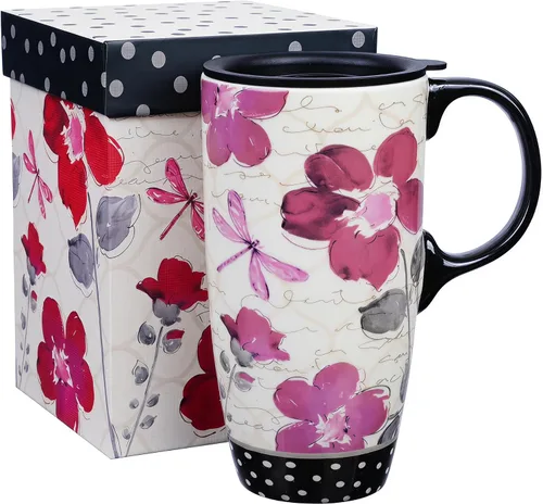 Vista 13 de Topadorn Taza de café de cerámica alta de viaje de 17 onzas con tapa sellada, juego de 2 Colorido diseño floral y de pájaros, apto para microondas