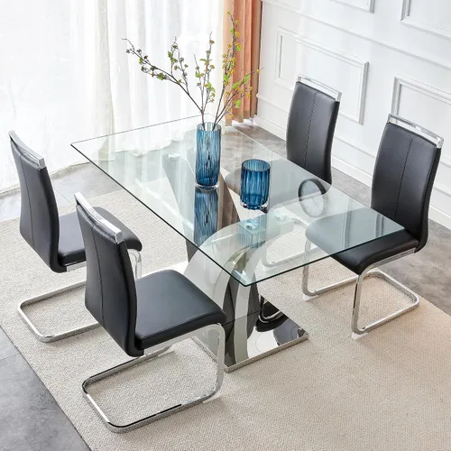Vista 4 de NYEESS - Juego de mesa de comedor de cristal para 4, moderno juego de mesa de comedor de 63 pulgadas para 4