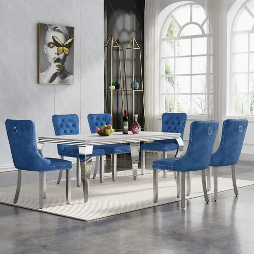 Vista 17 de HomVent Juego de mesa de comedor moderna de mármol sintético para 4 personas, mesa de cocina rectangular con 4 sillas beige (dorado)