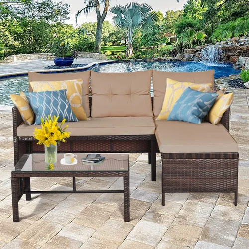 Vista 2 de Tangkula juego de sofá de esquina para patio de 3 piezas, juego de sofá de ratán para exteriores, incluye chaise lounge, sofá doble y mesa auxiliar