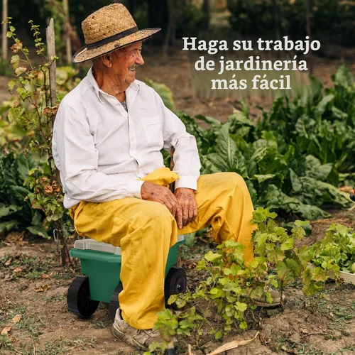 Vista 4 de Pure Garden - Carrito de jardín rodante con asiento, almacenamiento de plástico con banco y bandeja interior de herramientas, taburete de jardinería