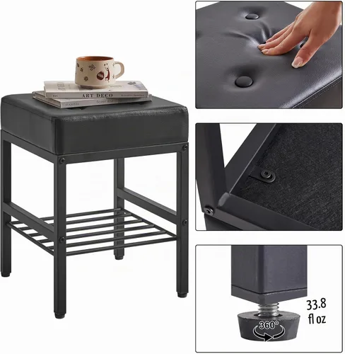 Vista 7 de IBUYKE Taburete de maquillaje cuadrado con pies ajustables y espacio de almacenamiento, silla reposapiés, asiento de tocador de PU, multiusos como