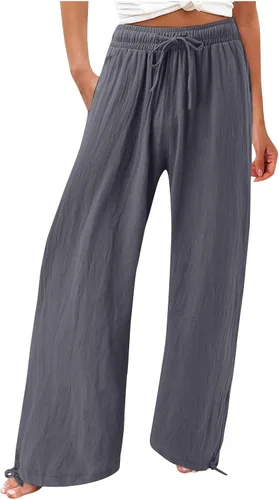 Vista 41 de SHAOBGE Pantalones palazzo de verano para mujer, cintura alta, pierna ancha, casual, cintura elástica, pantalones de playa con bolsillos