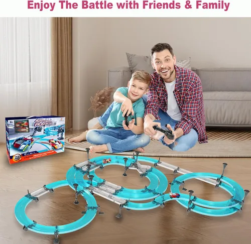 Vista 6 de Juegos de pistas de carreras de coches de ranura eléctrico a control remoto para niños, juego de carreras eléctrico recargable con controladores