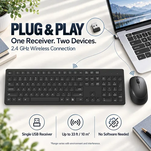 Vista 3 de LeadsaiL Combo de teclado y mouse inalámbricos, teclado ergonómico de tamaño completo para computadora, teclado inalámbrico de 2.4GHz, mouse Negro