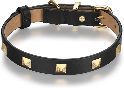Vista 8 de SCAMPER & CO Collar de perro con hebilla chapada en oro amarillo de 18 quilates de bronce de 18 quilates con pirámide de microfibra, collar de perro