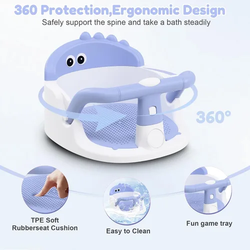 Vista 4 de Asiento de baño para bebés de 6 meses en adelante sentados, silla de baño antideslizante con ventosa, seguro y cómodo asiento de baño infantil Azul