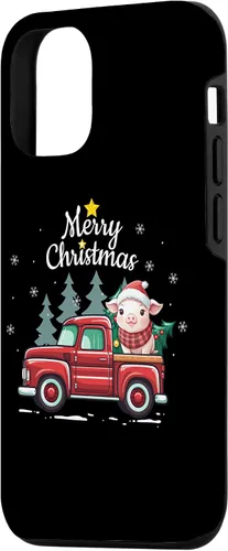 Vista 2 de Funda divertida para iPhone 15 Pig Christmas Truck Plaid