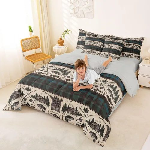 Vista 76 de Feelyou Juego de edredón de ciervo con sábanas – Tamaño Queen 7 piezas Juego de ropa de cama infantil de caza rústica – Cama de ciervo de cabaña