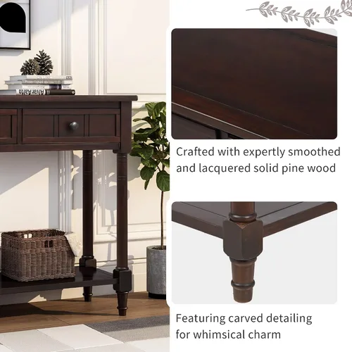 Vista 5 de Merax Mesa de sofá de madera maciza con 2 cajones de almacenamiento y estante inferior, mesa de consola para sala de estar, pasillo, espresso