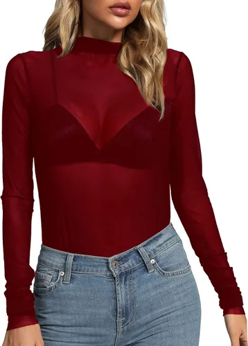 Vista 3 de Rooscier Blusa sexy de malla transparente para mujer, cuello alto falso, manga larga, ajustada