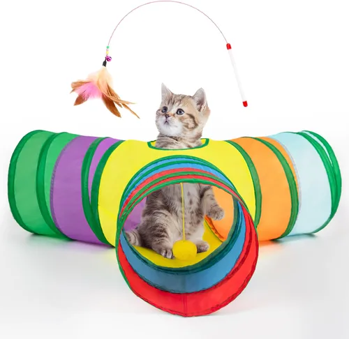 Vista 30 de Tempcore Túnel para gatos con tubo de juguete, túneles plegables de 3 vías para gatos, túneles para mascotas aburridas con agujero y pelota, juguete