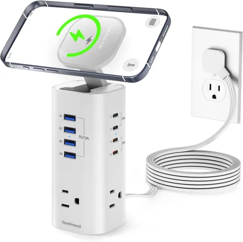 Vista 9 de Regleta de alimentación con protector de sobretensiones en torre, 12 salidas de CA y 8 puertos USB, cable de extensión de enchufe plano de 5 pies