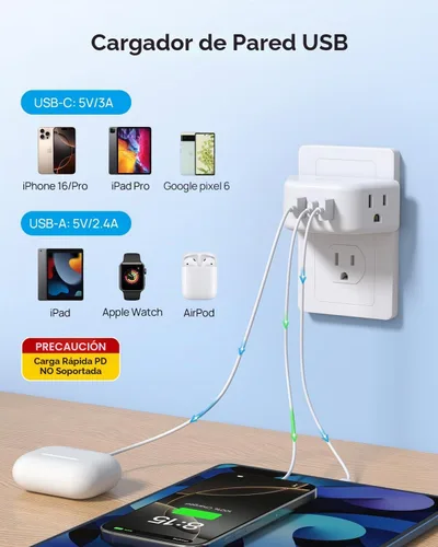 Vista 3 de TROND Extensor de salida con USB, divisor de pared con 2 tomas AC, 3 puertos USB, adaptador de enchufe de pared de diseño de 3 lados, elementos