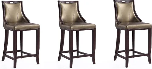 Vista 13 de Manhattan Comfort Emperor Taburetes de bar de cuero vegano con respaldo, acolchado de espuma y marco de madera de haya maciza, taburete de bar bronce