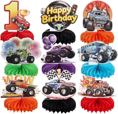 Vista 8 de 9 piezas de centro de mesa de auto de carreras de 2º cumpleaños Let's Go Racing Two Fast Birthday Party Decoración de mesa de auto de carreras