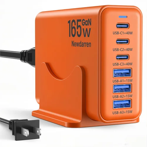 Vista 11 de Estación de carga de 165 W, cargador de escritorio de 6 puertos, 3 puertos 40 W, color negro Multi-Device Charger, 3 PD USB C 40W and 3 15W USB A