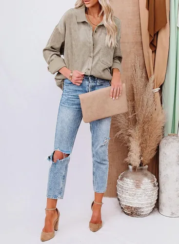 Vista 4 de Sidefeel - Camisa de pana holgada con manga larga y botones para mujer