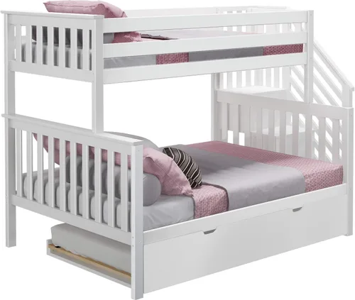 Vista 4 de Max & Lily Litera, marco de cama individual sobre matrimonial para niños con escaleras y nido, color blanco Arcilla