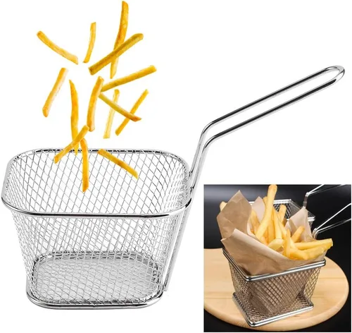 Vista 3 de 8 cestas cuadradas para freír, cesta de acero inoxidable para freidora profunda con mango de alambre, 4.1 x 3.3 x 2.6 pulgadas, cestas para servir