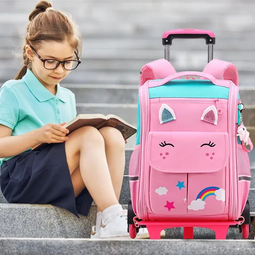 Vista 2 de Tanou Mochila rodante para niñas y niños, mochila ligera y transpirable, linda mochila con ruedas para viajes escolares, Viajar