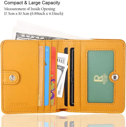 Vista 2 de Funtor Cartera de cuero para mujer, pequeña y compacta, con bolsillo doble, bloqueo RFID, para mujer
