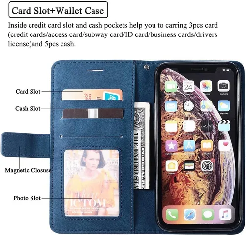 Vista 3 de Funda compatible con iPhone XR y protector de pantalla de vidrio templado, funda de cuero con tapa para tarjeta de crédito, fundas para teléfono