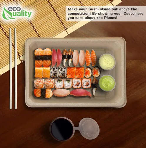 Vista 7 de Bandejas de sushi compostables XL - Contenedor de sushi para llevar bagazo de caña de azúcar natural - Biodegradable, plato de sushi desechable