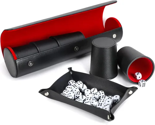 Vista 15 de Juego de tazas de cuero para dados, 5 tazas de dados negros + 25 dados + funda exclusiva de almacenamiento y transporte hecha de piel sintética