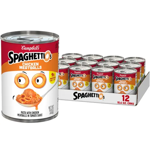 Vista 35 de SpaghettiOs Pasta enlatada con albóndigas A to Z's, lata de 15.6 onzas