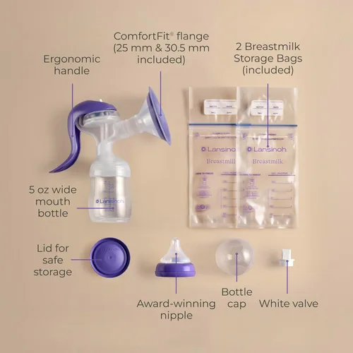 Vista 4 de Lansinoh Extractor de leche manual, bomba de mano con borde cómodo, incluye biberón de 5oz con tetina de flujo lento, elementos esenciales
