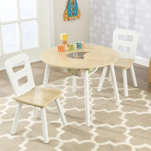 Vista 7 de KidKraft Conjunto de mesa de almacenamiento redondo y 2 sillas - Natural y blanco, 23.5 x 23.5 x 17.3
