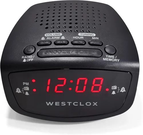 Vista 3 de Westclox Radio despertador dual de 0.6 pulgadas, pantalla LED roja, radio FM con 20 preajustes, brillo ajustable, repetición y batería de respaldo