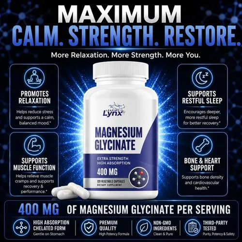 Vista 2 de Glicinato de magnesio 400 mg – Magnesio quelado de alta absorción, extra fuerte 120 cápsulas (suministro para 60 días) Calma, recuperación