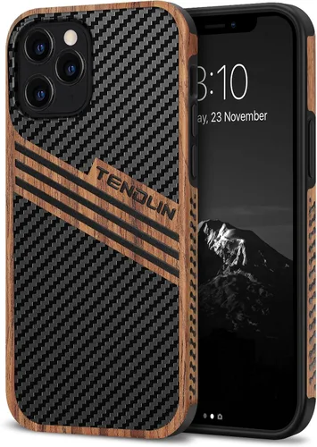 Vista 8 de TENDLIN Compatible con iPhone 12 Mini Funda de Grano de Madera con Textura de Fibra de Carbono Diseño de Cuero Híbrido Funda Negra