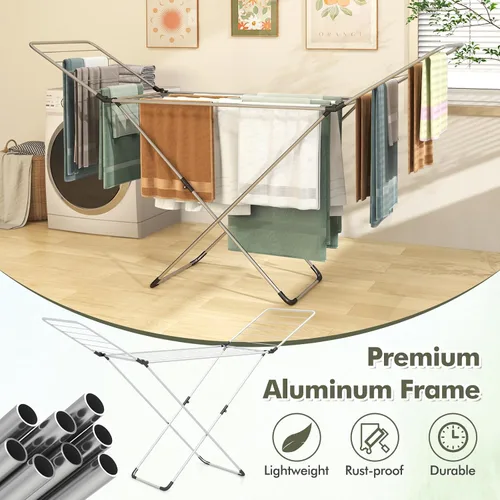 Vista 8 de Tangkula Escurridor de ropa plegable, estante de secado de ropa de aluminio ligero con alas ajustables, 20 rieles de secado, colgador de lavandería