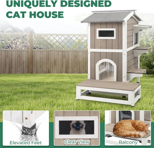 Vista 6 de Casa para gatos al aire libre resistente a la intemperie, casa de madera para gatos de dos pisos con techo que se puede abrir, 4 puertas, balcón