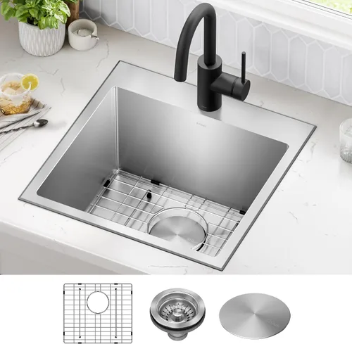 Vista 2 de Kraus Standart PRO - Fregadero de cocina de acero inoxidable de calibre 16 con tazón individual para bar, montaje superior/inferior de 18 pulgadas