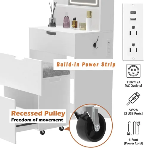 Vista 2 de Tocador pequeño con silla, espejo y luces, juego de mesa de maquillaje compacto para espacios pequeños, taburete de almacenamiento móvil