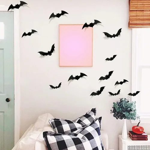 Vista 8 de encavy 68 piezas de decoración de pared de murciélagos, decoraciones de Halloween, calcomanías de murciélago 3D, decoración de Halloween, decoración