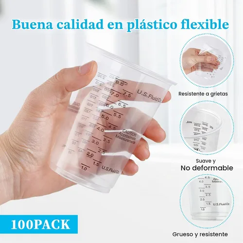 Vista 2 de Paquete de 100 vasos medidores de plástico, vasos desechables de 10 onzas con 100 varillas de mezcla de madera, se pueden utilizar para resina