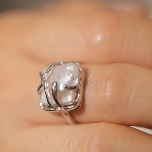 Vista 2 de SEEMSAY Anillo de Perla Barroca de Plata para Mujeres Anillo de Plata de Ley 925