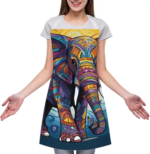 Vista 3 de Personalized Colorful Elephant Adult Apron, Kitchen Cooking Aprons for Woman Man, Adjustable Bib Apron with Pocket for Baking, BBQ Crafting