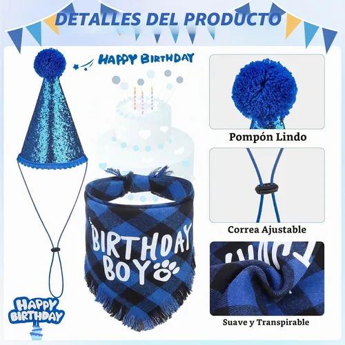 Vista 3 de SCENEREAL Suministros para fiesta de cumpleaños para perros, bandana de cumpleaños para perro, juego de collar de pajarita con números de Niño azul