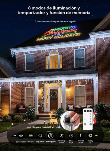Vista 2 de Luces de Navidad de carámbano para exteriores, 40 pies, 432 LED, impermeables, para exteriores, 8 modos de iluminación, con control remoto Blanco