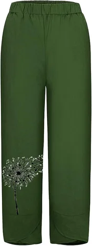Vista 2 de Pantalones de lino para mujer, largos de algodón y cintura retráctil irregular, pantalones casuales con estampado de diente de león